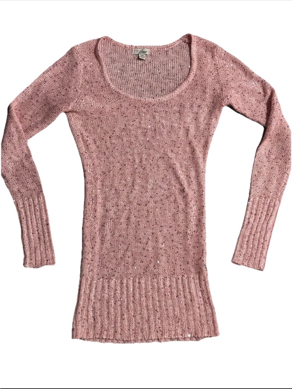 Guess Y2K L/S Long Body Matilda Sequined Coquette Sweater Sparkling Pink SZ.S